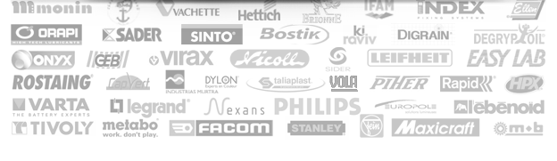 mob, facom, metabo, index, geb, virax, degryp'oil, rostaing, stanley, maxicraft, l'ébénoid, europole, piher, dylon, onyx, easylab, nicoll, sider, cuivre, laiton, taliaplast, bostik, sinto, sader, philips, ge, legrand, nexans, jardinier massard, ellen, monin, vachette, iséo, hettich, vola, rapid, varta, tivoly, digrain, orapi, kiraviv, irwin, leifheit, hpx, brionne, ifam, duval, fein